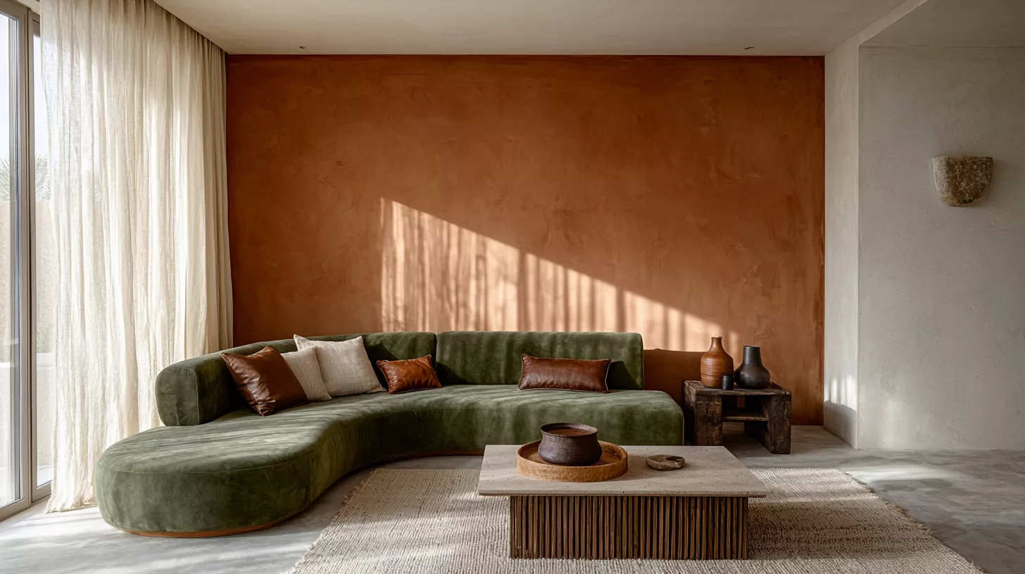 ديكور صالة بألوان ترابية بيج وتراكوتا وزيتوني ديكور صالة بألوان ترابية بيج وتراكوتا وزيتوني